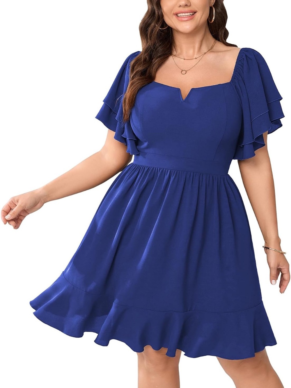 Blue Ruffle-Sleeve Fit & Flare Dress